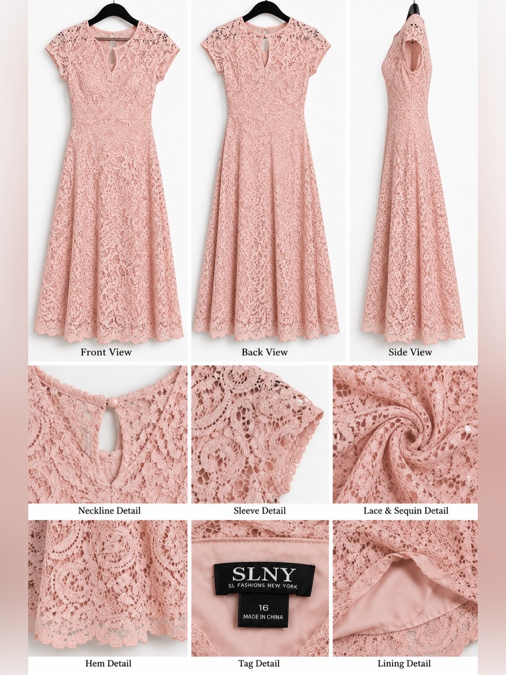 SLNY Blush Pink Lace Sequin Midi Dress Size 16 Elegant Formal - Picture 3 of 3